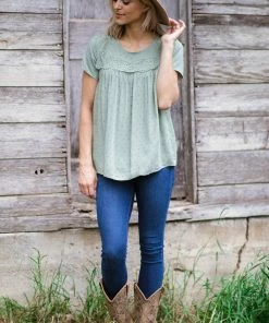 Staccato Sage Swiss Dot Crochet Trim Detail Top Tops