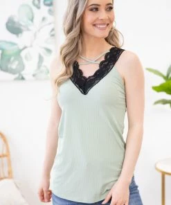 Blum Sage Scalloped Lace Criss Cross Ribbed Tank TANK TOPS