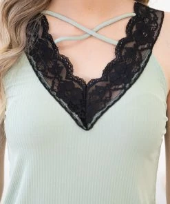 Blum Sage Scalloped Lace Criss Cross Ribbed Tank TANK TOPS 10 Blum Sage Scalloped Lace Criss Cross Ribbed Tank TANK TOPS
