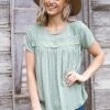 Staccato Sage Swiss Dot Crochet Trim Detail Top Tops