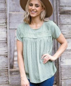 Staccato Sage Swiss Dot Crochet Trim Detail Top Tops