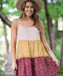 Staccato Dresses Wine And Mustard Ditsy Floral Colorblock Dress
