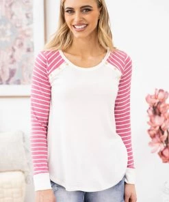 Orange Farm Mauve And White Stripe Sleeve Top LONG SLEEVES