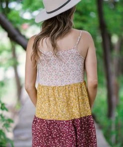 Staccato Dresses Wine And Mustard Ditsy Floral Colorblock Dress