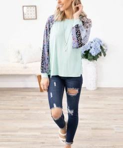 Kori America Tops Mint And Blue Multicolor Floral Print Sleeve Top