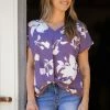 Tua Fashion, INC. Lavender And Ivory Floral Twist Hem Top