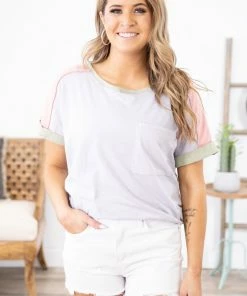 BIBI Light Grey And Sage Colorblock Top With Pocket