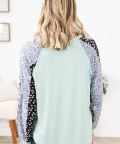 Kori America Tops Mint And Blue Multicolor Floral Print Sleeve Top