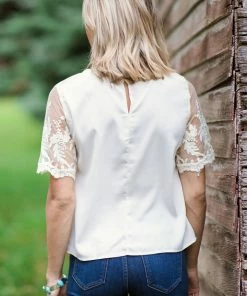 Kentce Ivory Mesh Lace Sleeve Top