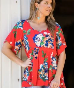 ODDI Red Multicolor Floral Print Babydoll Top