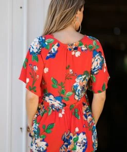 ODDI Red Multicolor Floral Print Babydoll Top