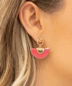 CNC NEW YORK CORP Pink Leather Fan Stud Earrings With Gold Hoop Accessories