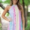 Macaron Dresses Pink And Aqua Floral Colorblock Halter Dress