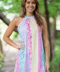 Macaron Dresses Pink And Aqua Floral Colorblock Halter Dress