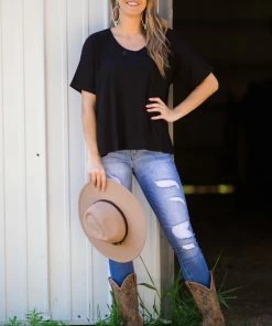 Cherish Tops Black Drop Shoulder Thermal Knit Top