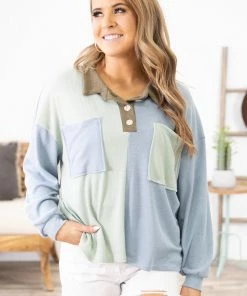 Hopely Tops Baby Blue And Mint Colorblock Collared Top