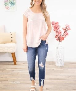 Hailey And Co SHORT SLEEVES Blush And White Stripe Babydoll Top