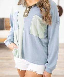 Hopely Tops Baby Blue And Mint Colorblock Collared Top