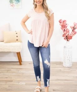 Hailey And Co SHORT SLEEVES Blush And White Stripe Babydoll Top