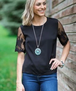 Kentce Black Mesh Lace Sleeve Top