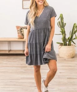 Gilli Dresses Graphite Acid Wash Tiered Skirt Dress 8 Gilli Dresses Graphite Acid Wash Tiered Skirt Dress
