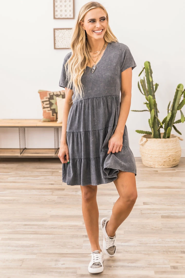 Gilli Dresses Graphite Acid Wash Tiered Skirt Dress 5 Gilli Dresses Graphite Acid Wash Tiered Skirt Dress