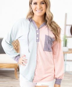 Lovely Melody Tops Mint And Blush Colorblock Hooded Top