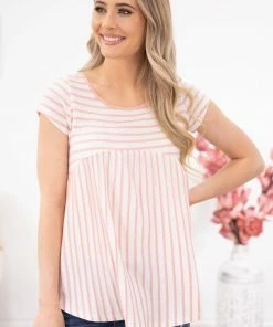 Hailey And Co SHORT SLEEVES Blush And White Stripe Babydoll Top