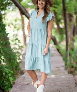 RolyPoly Sage V-Neck Flutter Sleeve Midi Dress Dresses