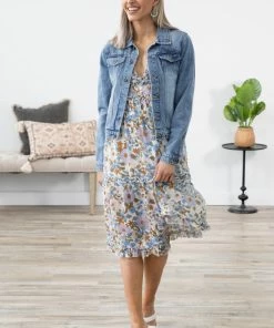 HyFve Off White Multicolor Floral Ruffle Trim Dress Dresses