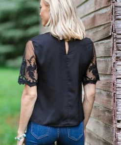 Kentce Black Mesh Lace Sleeve Top