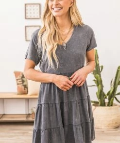 Gilli Dresses Graphite Acid Wash Tiered Skirt Dress