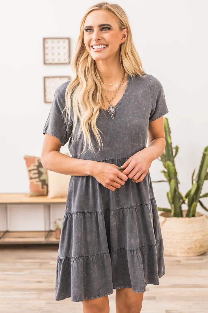 Gilli Dresses Graphite Acid Wash Tiered Skirt Dress 3 Gilli Dresses Graphite Acid Wash Tiered Skirt Dress