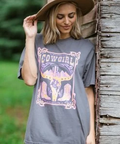 Sweet Claire Graphite And Yellow Cowgirl Graphic Tee Tops