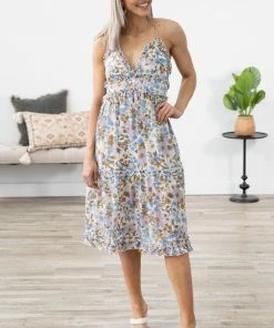 HyFve Off White Multicolor Floral Ruffle Trim Dress Dresses