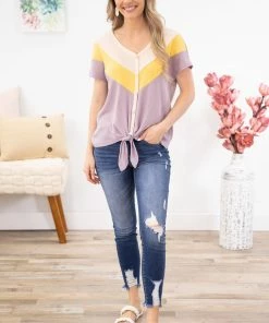 Hailey And Co SHORT SLEEVES Lavender And Yellow Tie Front Chevron Top