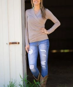 Julian J Taupe Surplice Front Long Sleeve Top