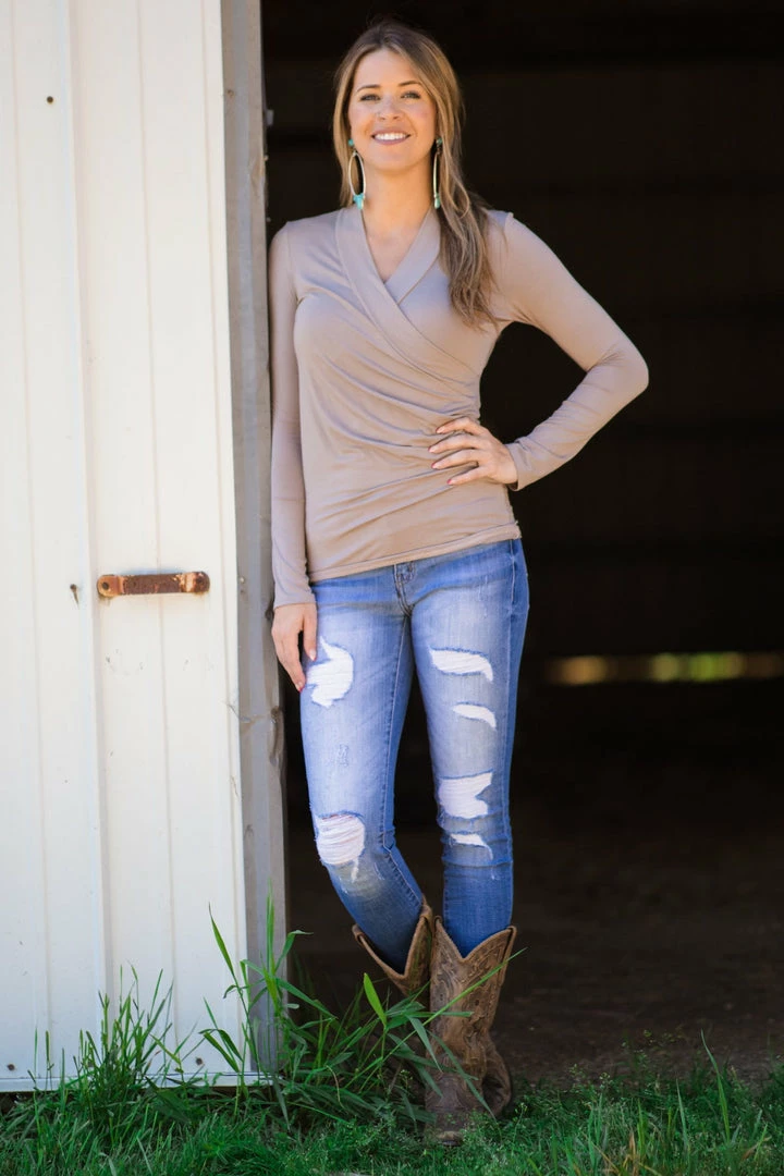 Julian J Taupe Surplice Front Long Sleeve Top 4 Julian J Taupe Surplice Front Long Sleeve Top