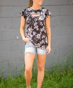 Heimish White And Black Floral Flutter Sleeve Top