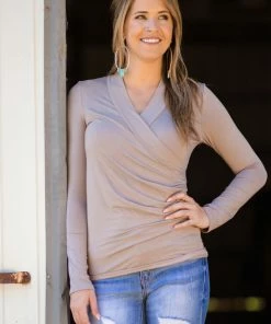 Julian J Taupe Surplice Front Long Sleeve Top