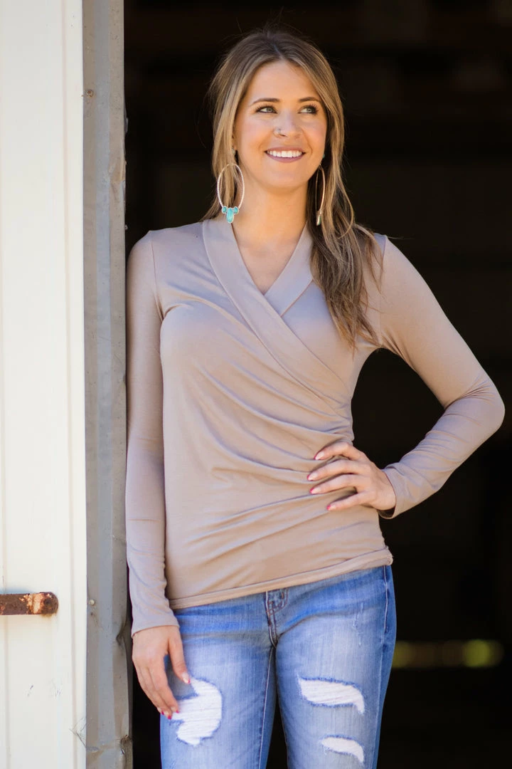 Julian J Taupe Surplice Front Long Sleeve Top 3 Julian J Taupe Surplice Front Long Sleeve Top