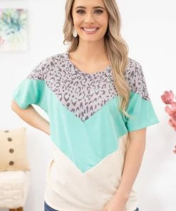 7th Ray SHORT SLEEVES Turquoise Animal Print Chevron Colorblock Top