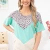 7th Ray SHORT SLEEVES Turquoise Animal Print Chevron Colorblock Top