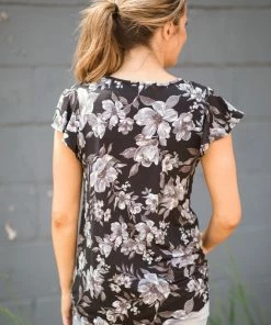 Heimish White And Black Floral Flutter Sleeve Top