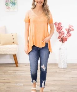 Vocal Apparel Orange Ombre Rhinestone Detail V-Neck Top