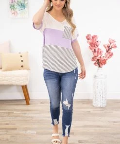7th Ray SHORT SLEEVES Lavender Stripe Colorblock Top With Pocket