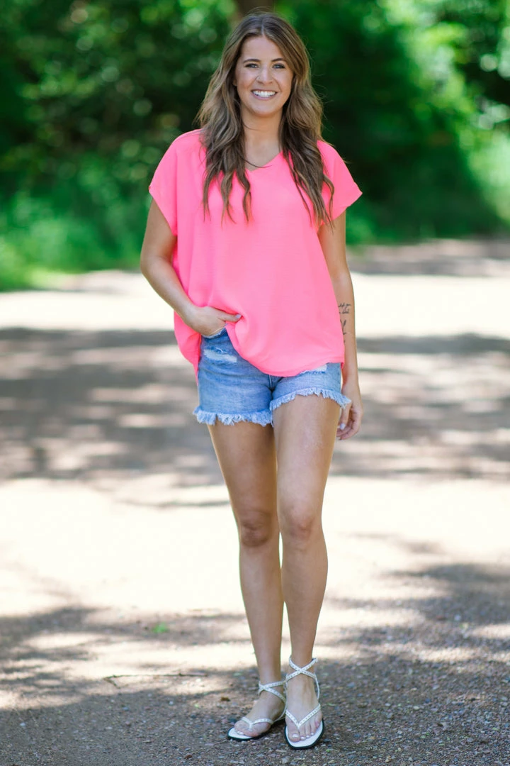 Jodifl Neon Pink Cuff Sleeve V-Neck Top Tops 4 Jodifl Neon Pink Cuff Sleeve V-Neck Top Tops
