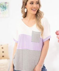 7th Ray SHORT SLEEVES Lavender Stripe Colorblock Top With Pocket