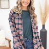 Heyson Navy Plaid Button Up Top With Knit Hood