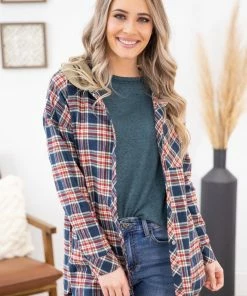 Heyson Navy Plaid Button Up Top With Knit Hood